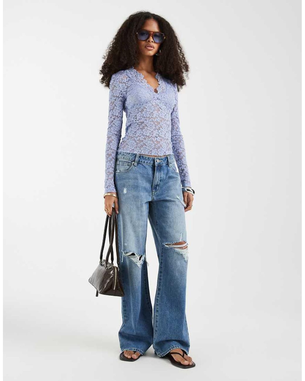 Free People Blue All Day Long Sleeve Lace Top