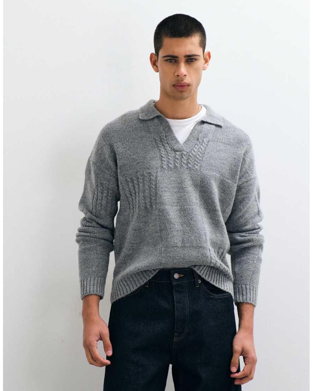 ASOS Gray Relaxed Knitted Notch Neck With Check Detail for men