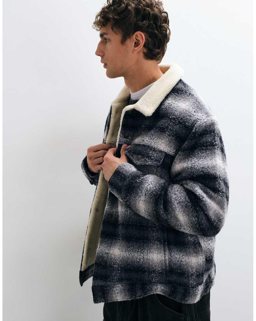 Levi's Gray Sherpa Lined Check Trucker Jacket for men