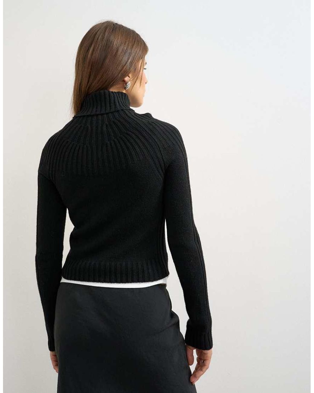 TOPSHOP Black Knitted Rib Yoke Long Sleeve Top