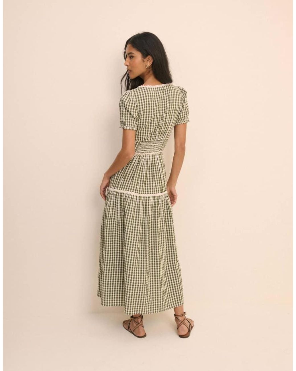 Nobody's Child Green Gingham Cotton Lace Trim Dara Midi Dress
