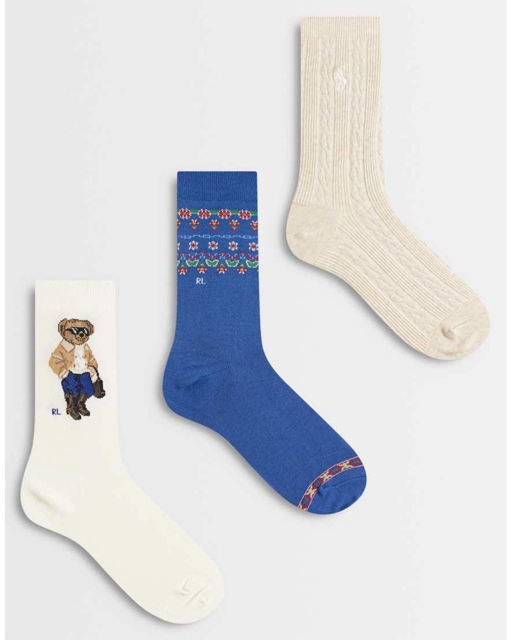 Polo Ralph Lauren Blue Winter Bear Print 3 Pack Crew Socks