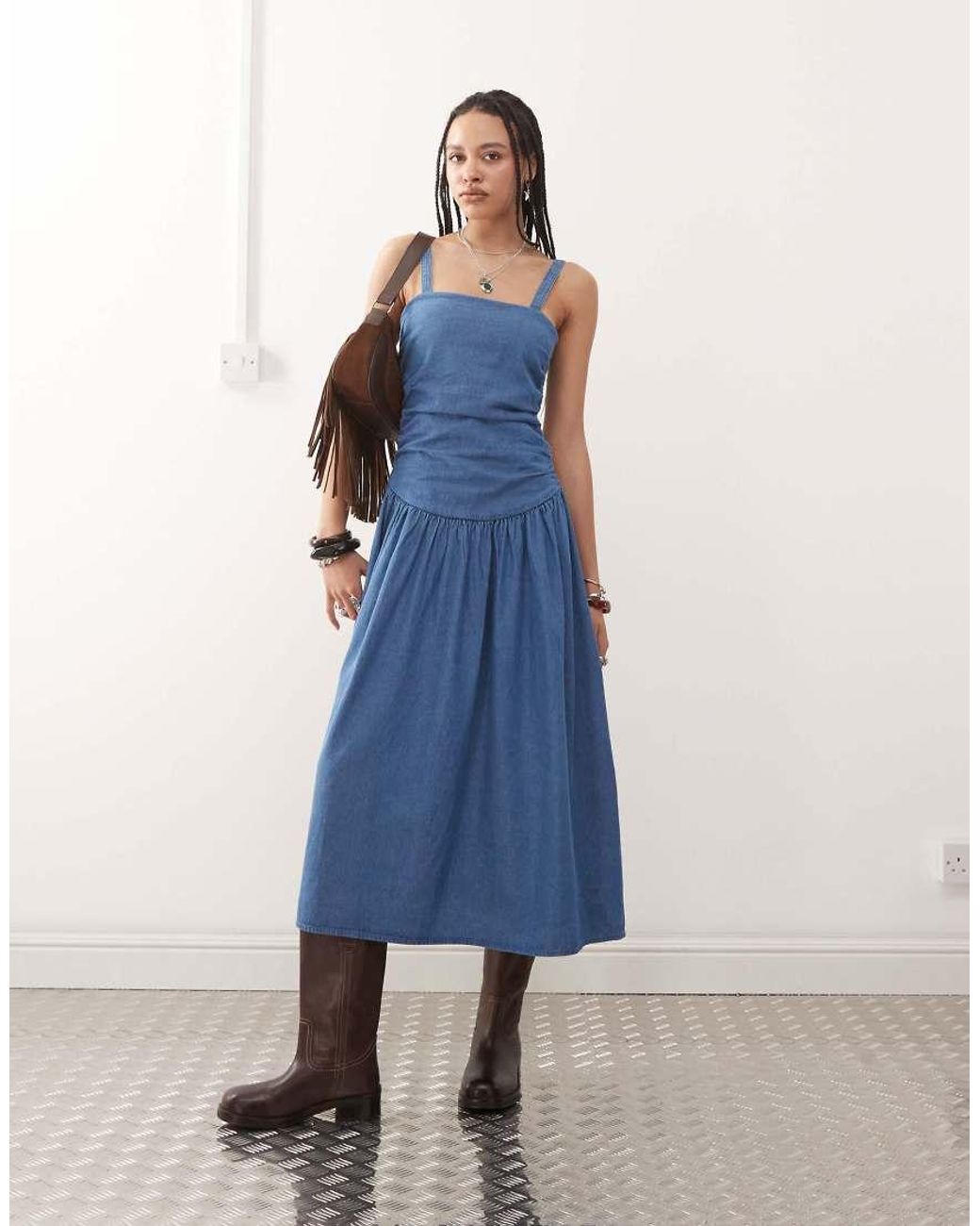 Reclaimed Vintage Dropped Waist Gathered Detail Midi Denim Dress in Blue