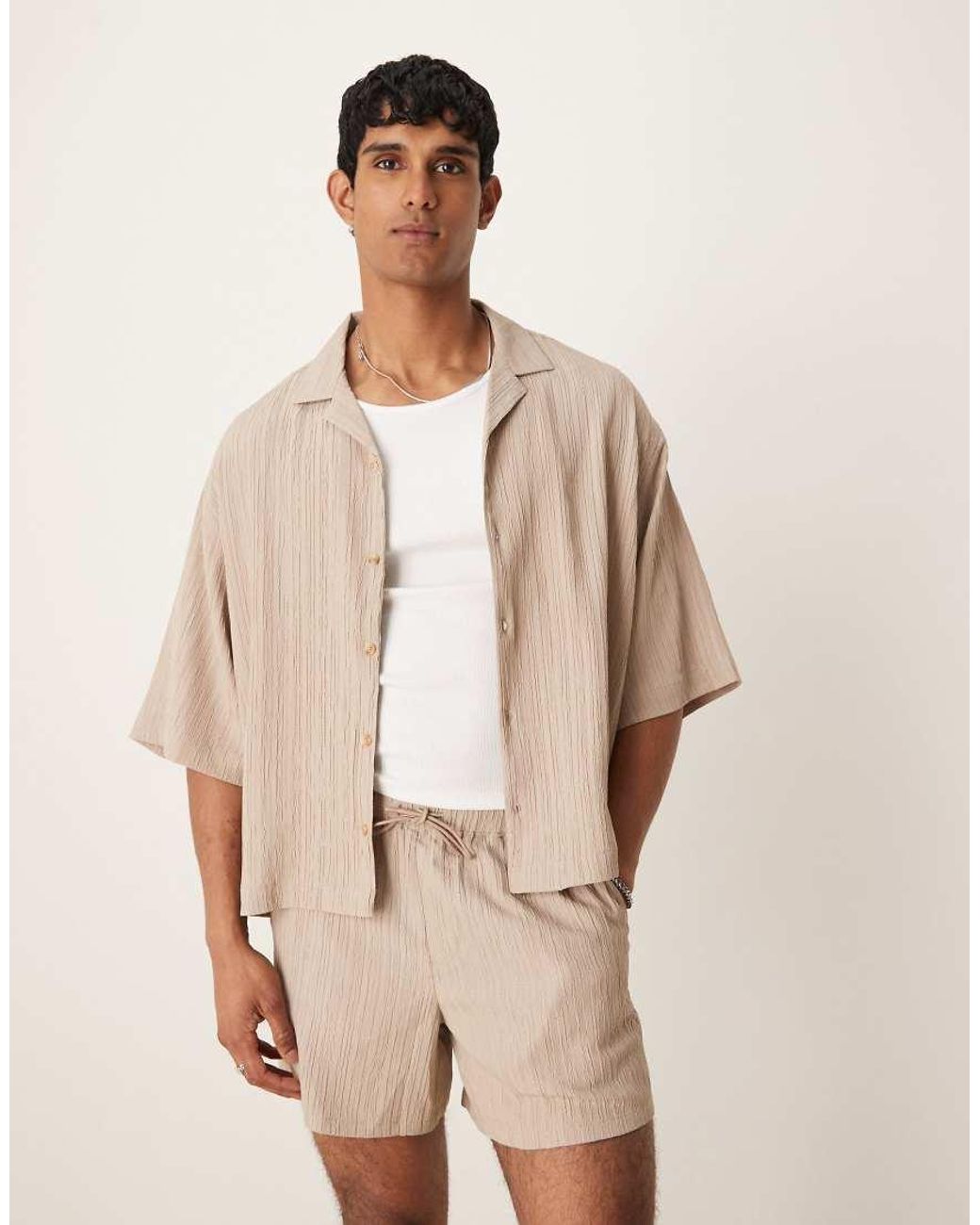 ASOS Natural Co-ord Textured Boxy Oversized Revere Shirt for men