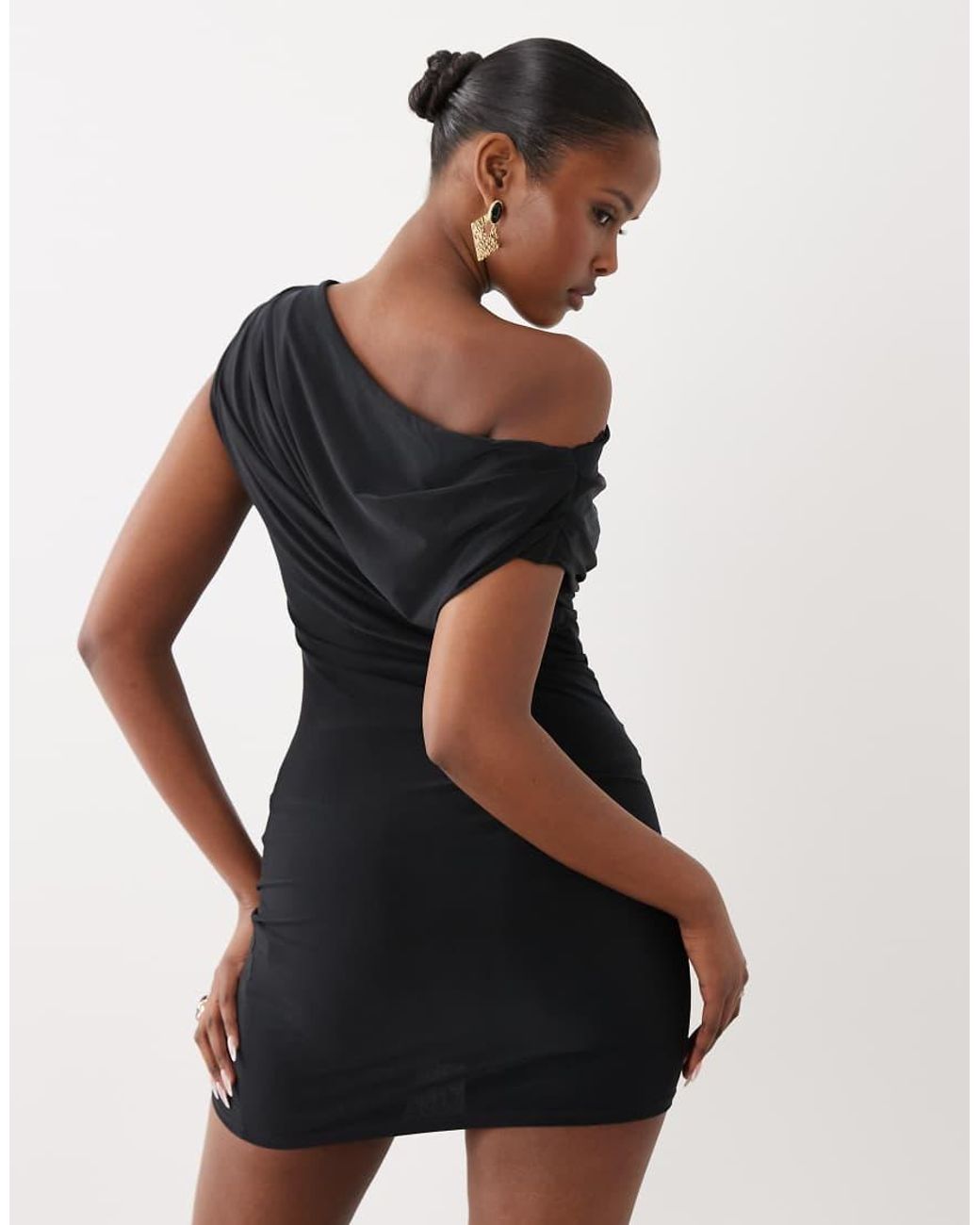 ASOS Black Slinky Lace Trim One Shoulder Mini Dress