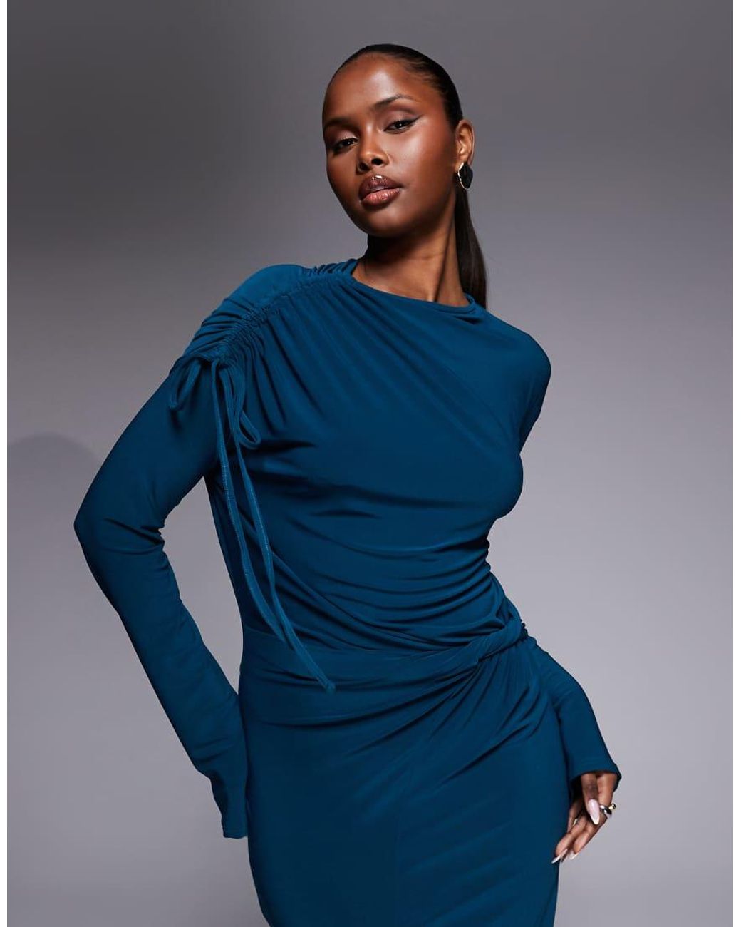 ASOS Blue Draped High Neck Twist Waist Maxi Dress With Long Sleeve