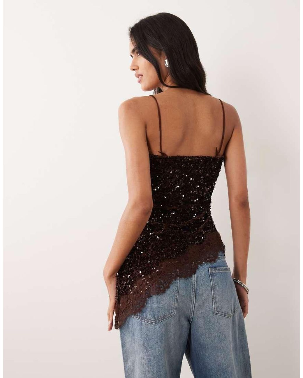 Pieces Blue Asymmetric Lace Trim Sequin And Velvet Cami Top