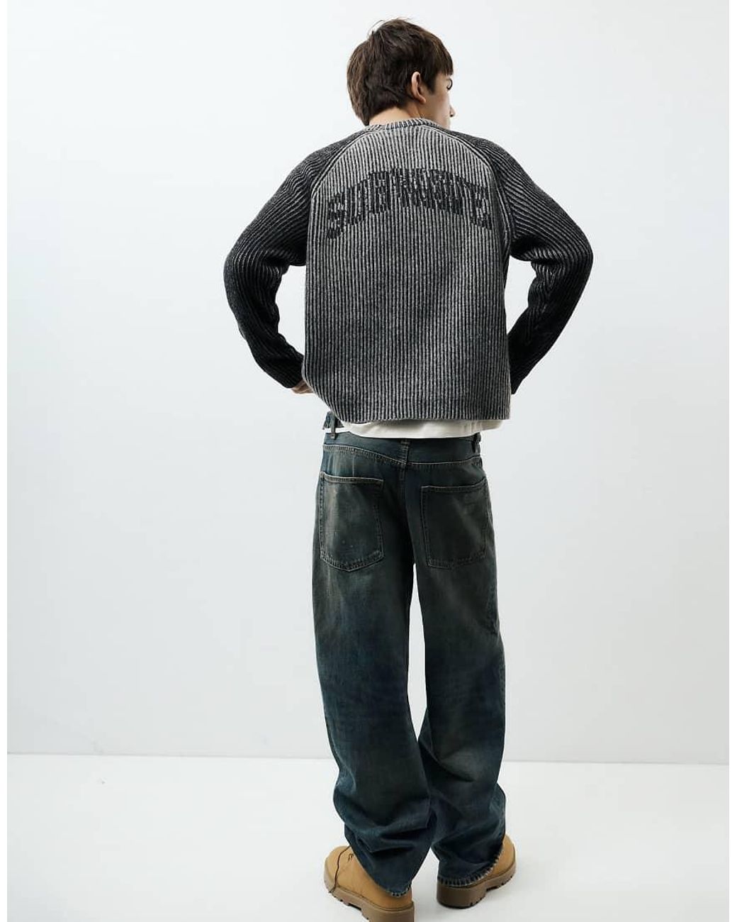 Pull&Bear Gray Ribbed Raglan Sleeve Jumper for men