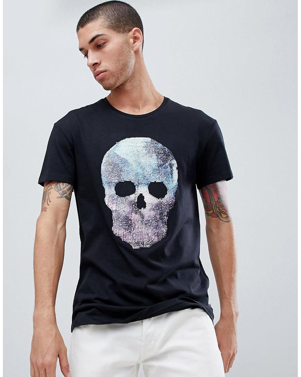 Jack & Jones Originals T-shirt With Reversible Sequin Skull in Black for  Men | Lyst