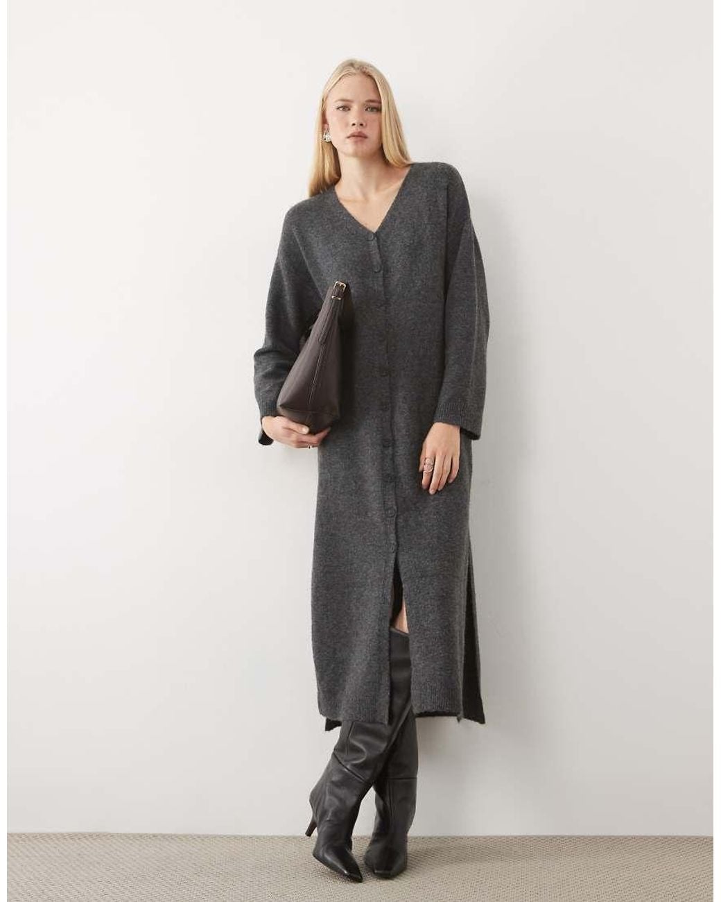 Aware Gray Long Sleeve V-neck Knitted Maxi Dress