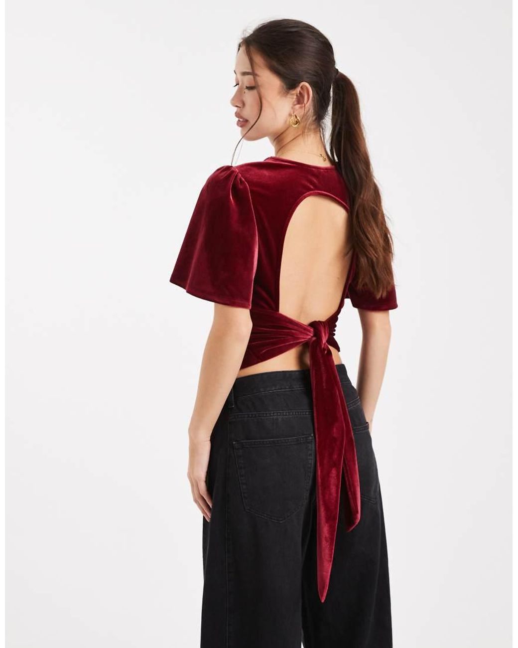 ASOS Red Velvet Puff Sleeve Top With Tie Back