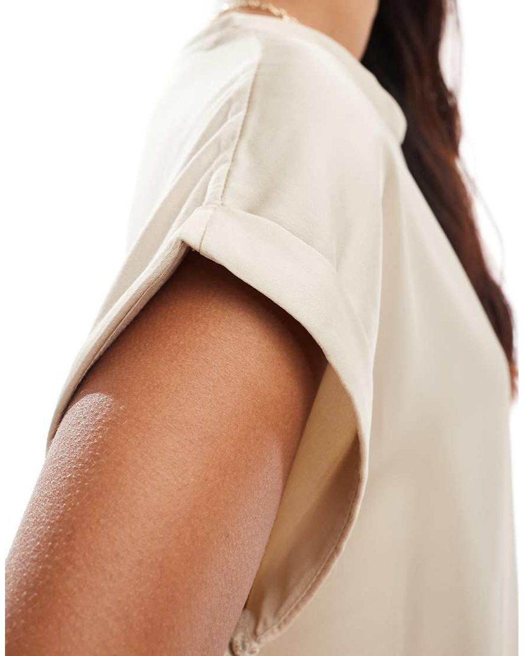 Vila White Satin Front T-shirt With Turn Up Sleeve