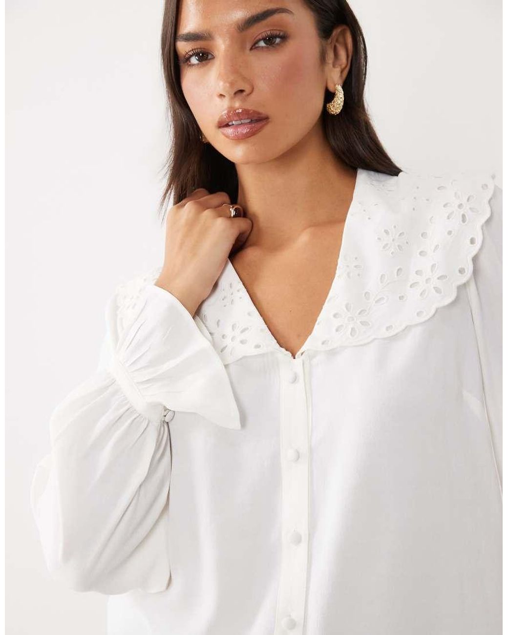 Nobody's Child White Briar Lace Cutwork Oversized Collar Ruffle Sleeve Blouse