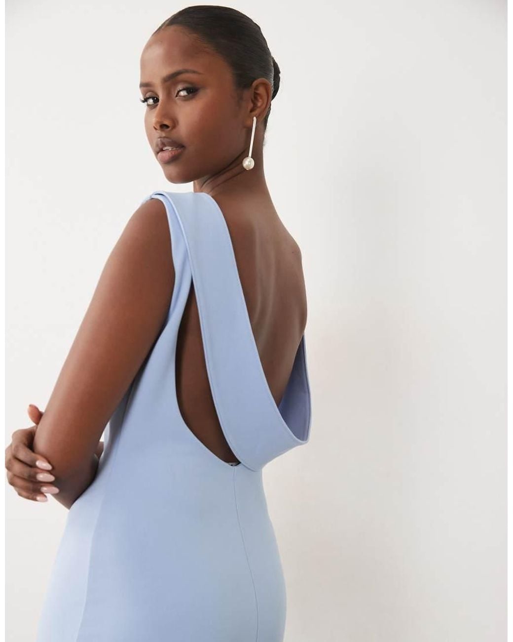 TFNC London Blue Crepe Slash Neck Backless Maxi Dress