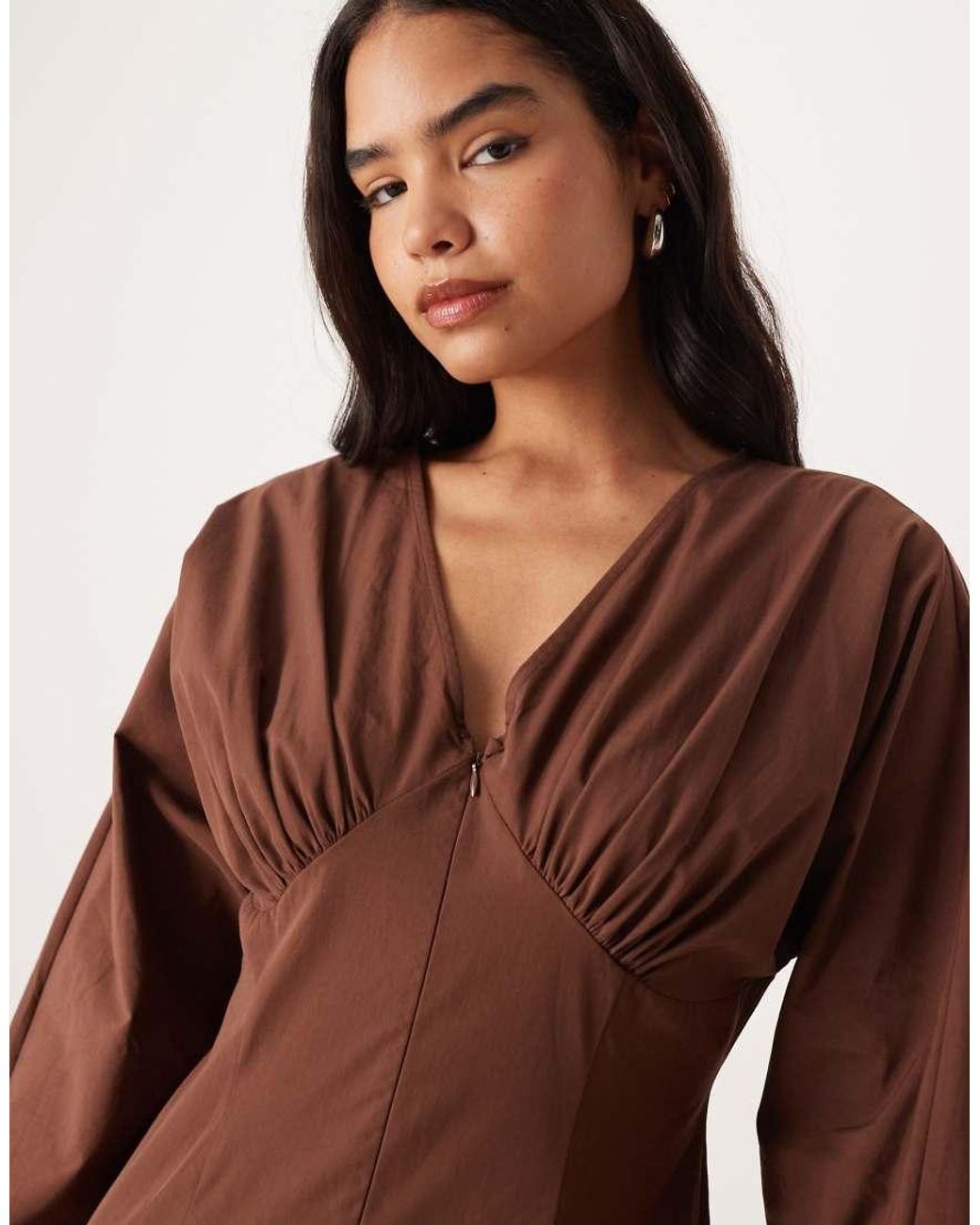 ASOS Brown Long Sleeve V Neck Poplin Maxi Dress