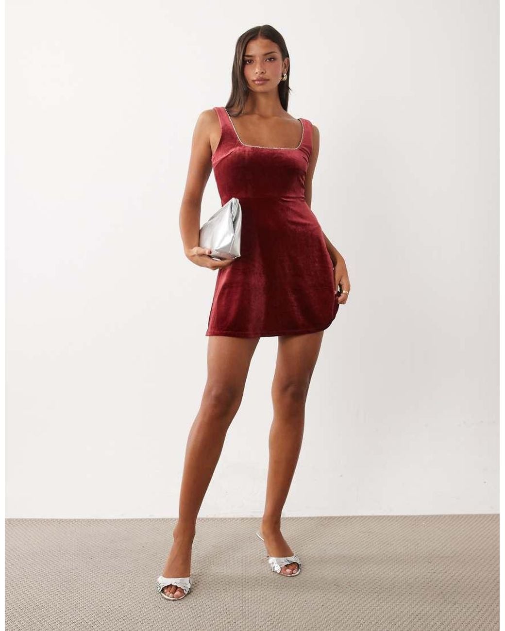 Vila Red Square Neck Sleeveless Velvet Mini Dress