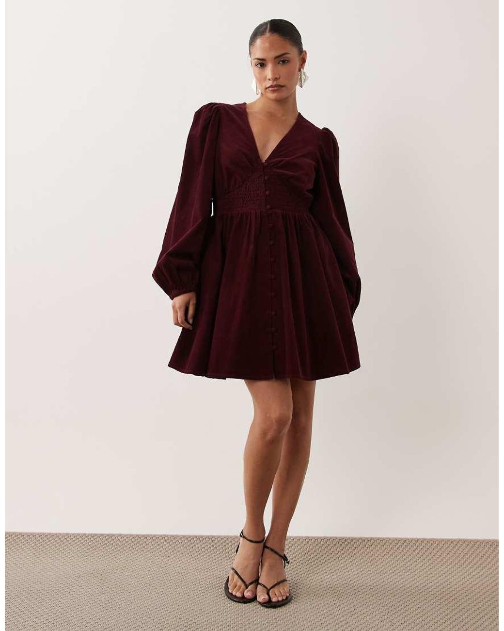 Nobody's Child Petite Red Riley Cotton Cord V Neck Balloon Sleeve Mini Dress