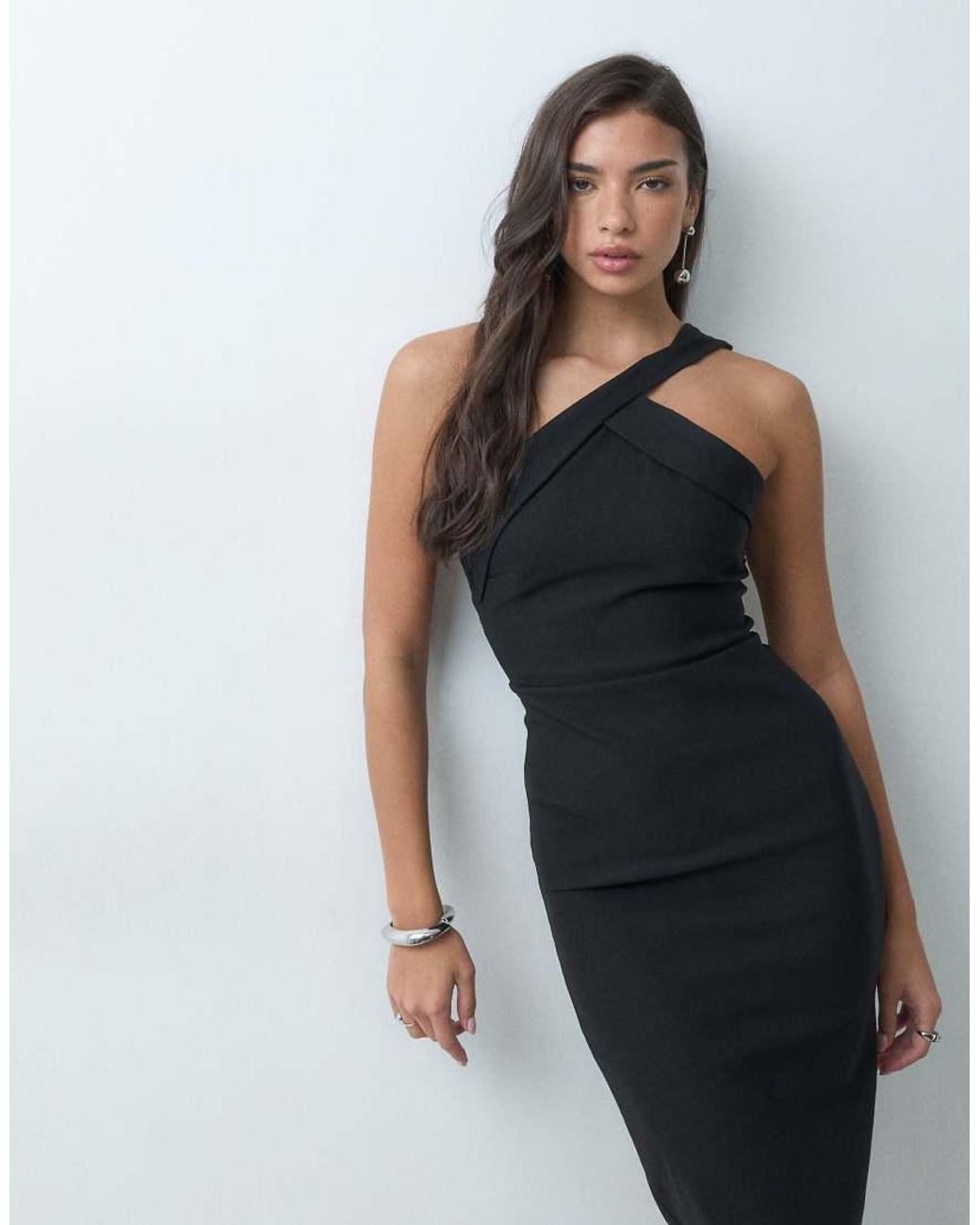 Vesper Blue Bengaline One Shoulder Drape Detail Maxi Dress