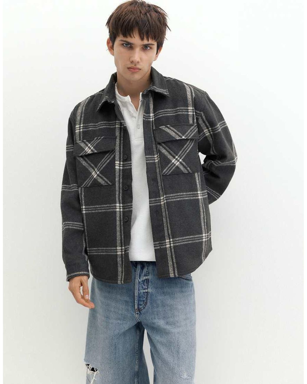 Pull&Bear Gray Checked Long Sleeve Overshirt for men