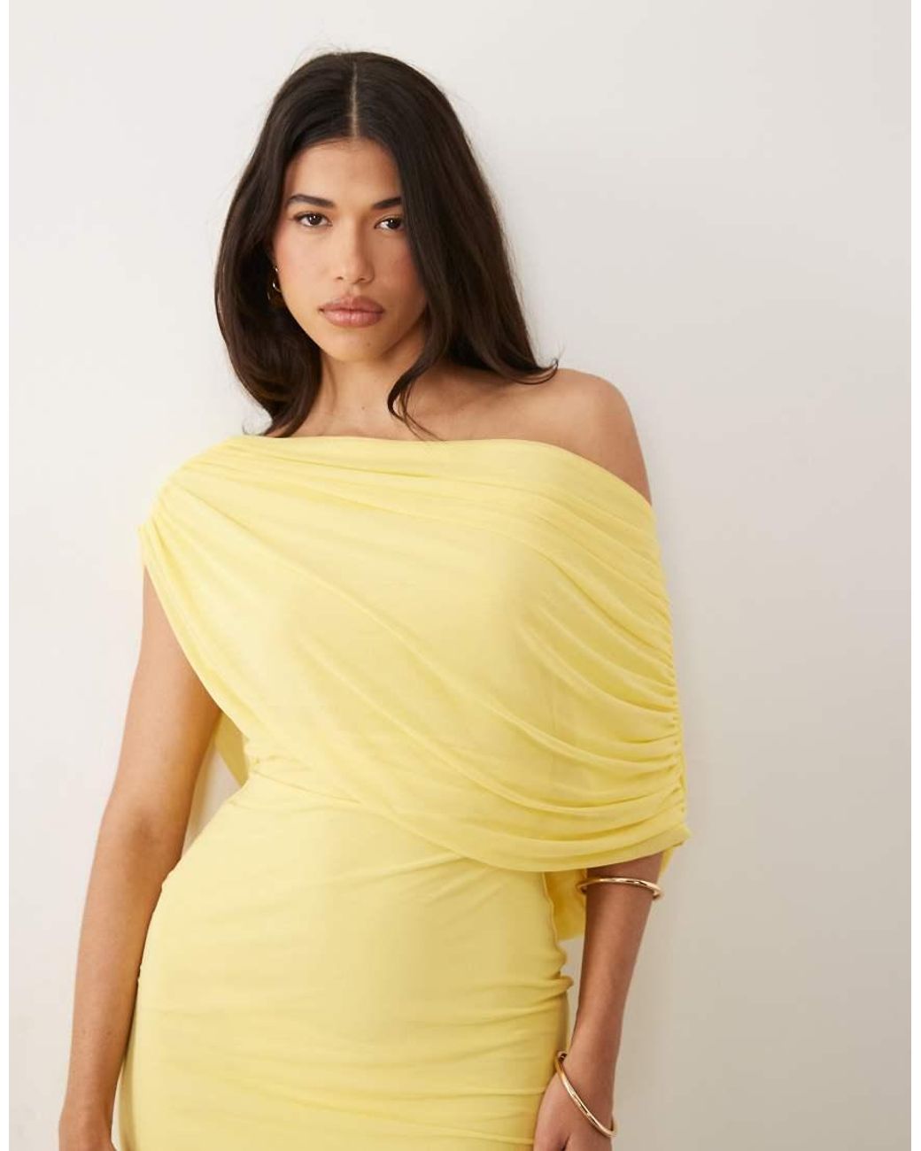 ASOS Yellow Mesh Draped Off Shoulder Mini Dress