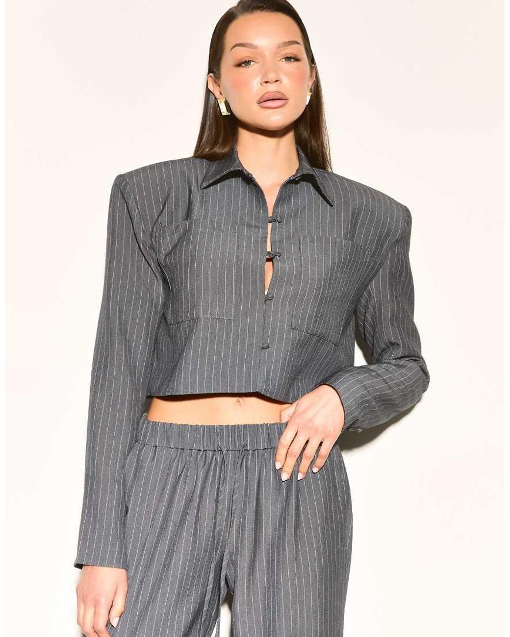 Noughts & Kisses Gray Velora Pinstripe Cropped Shirt