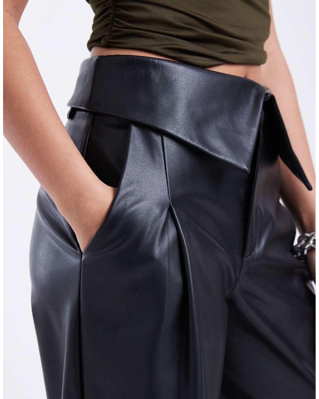 ASOS Blue Faux Leather Wide Leg Pants With Fold Over Waist Detailing