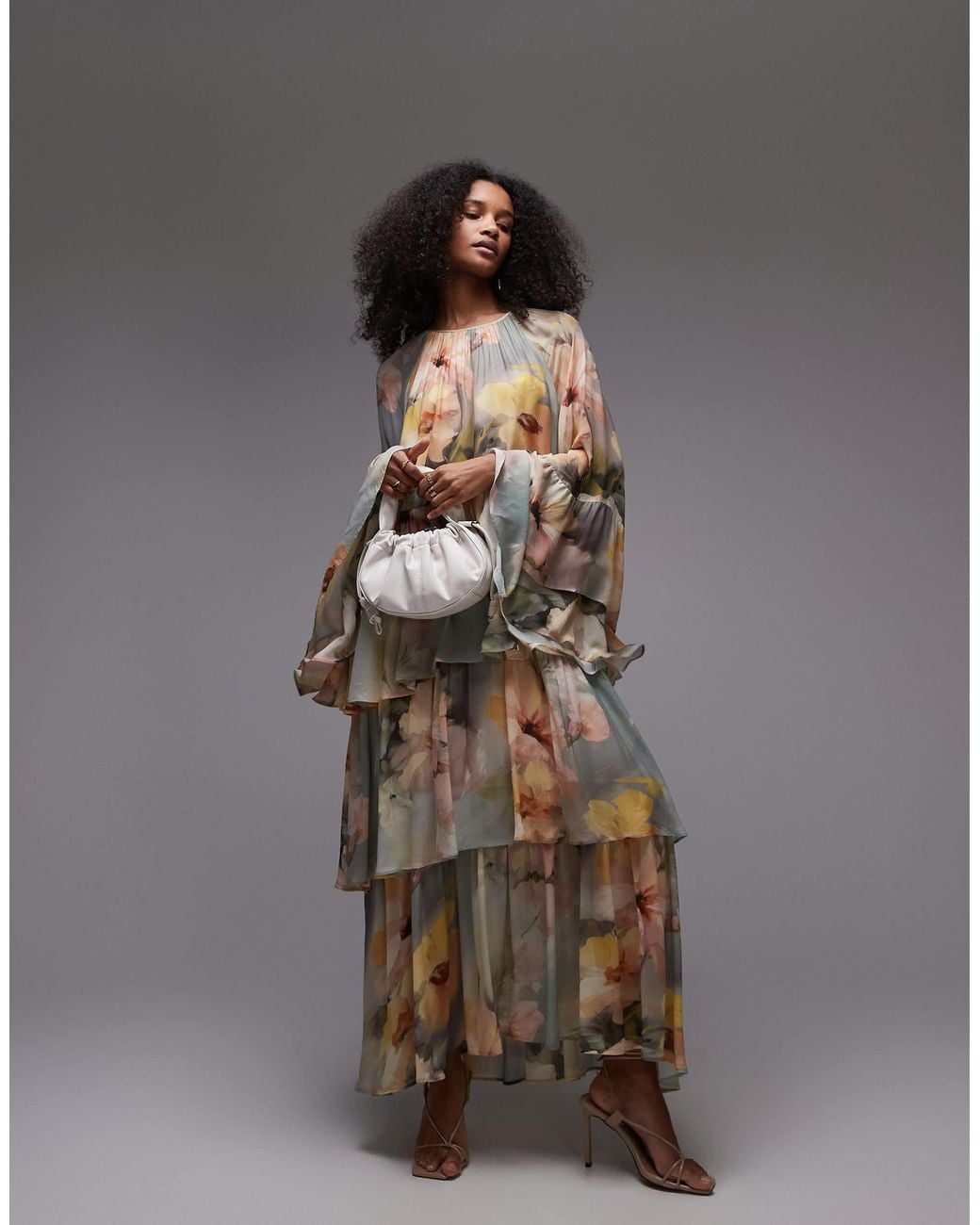 chinese dress ladies Beige Floral Tiered Ruffle Midi Dress with Long Sleeves