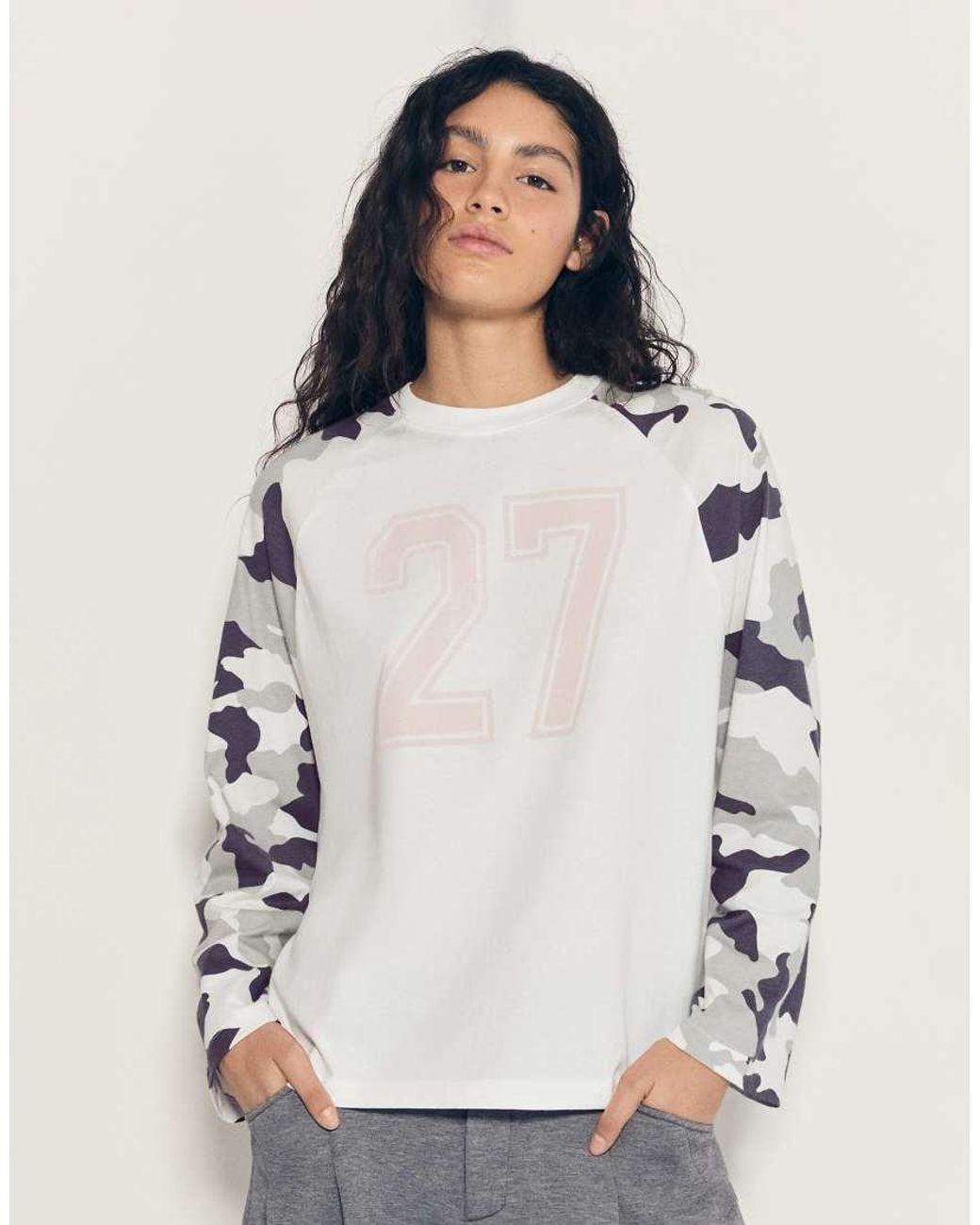 Bershka Gray Long-Sleeved Camouflage Print Raglan T-Shirt
