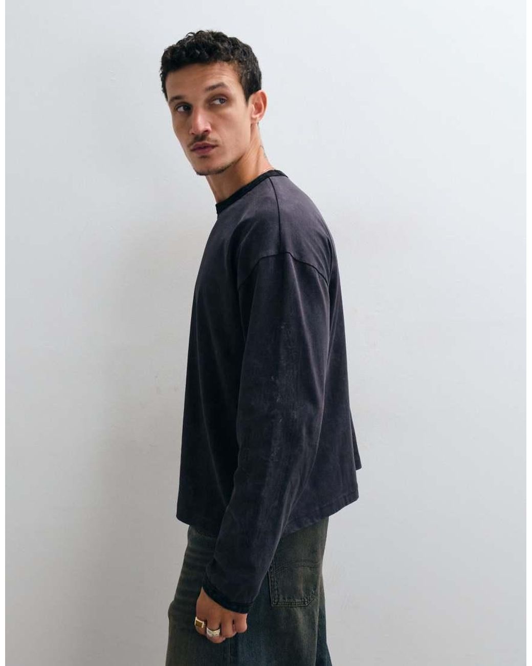 ASOS Blue Boxy Oversized Long Sleeve Ringer T-shirt With Sleeve Print for men