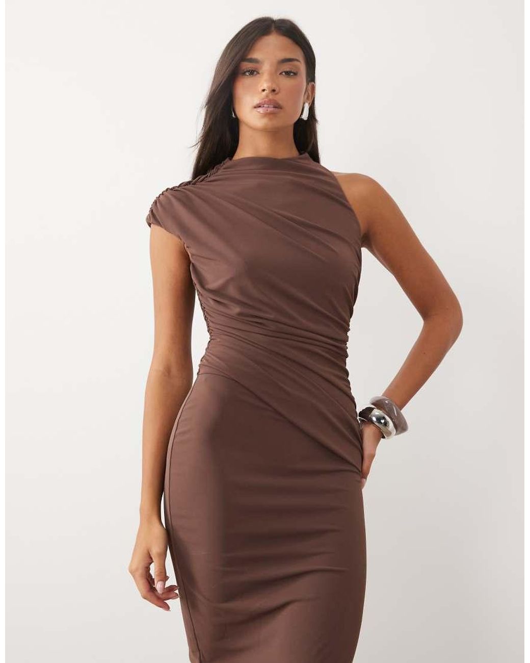 ASOS Brown High Neck Asymmetric Ruched Midi Dress