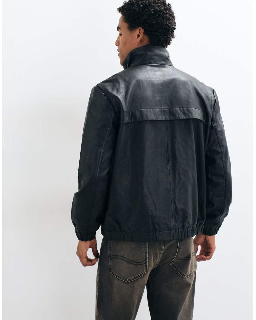 AllSaints Gray Stenton Funnel Neck Leather Jacket for men