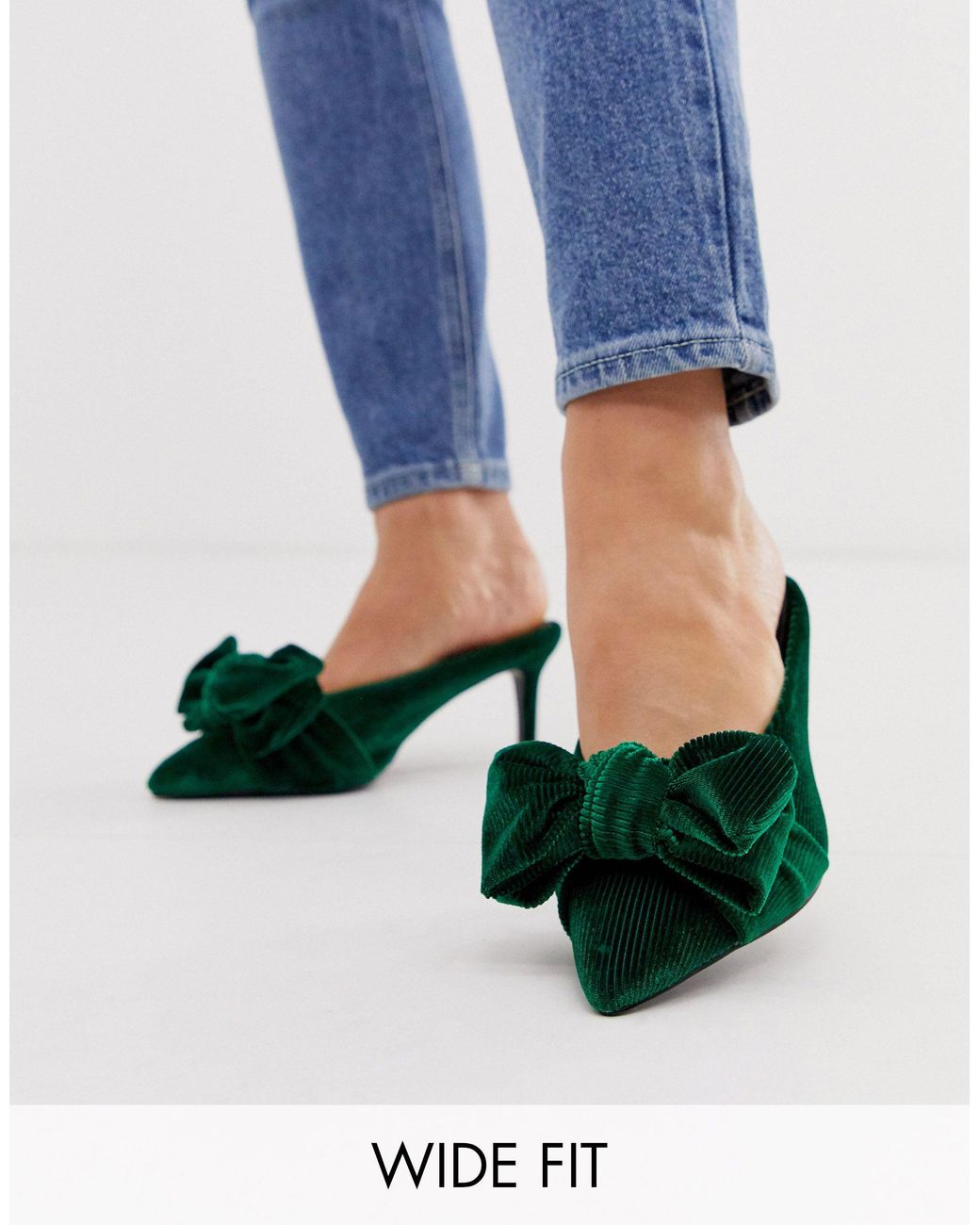 ASOS Wide Fit Wonder Pointed Mid-heeled Bow Mules in Green | Lyst UK
