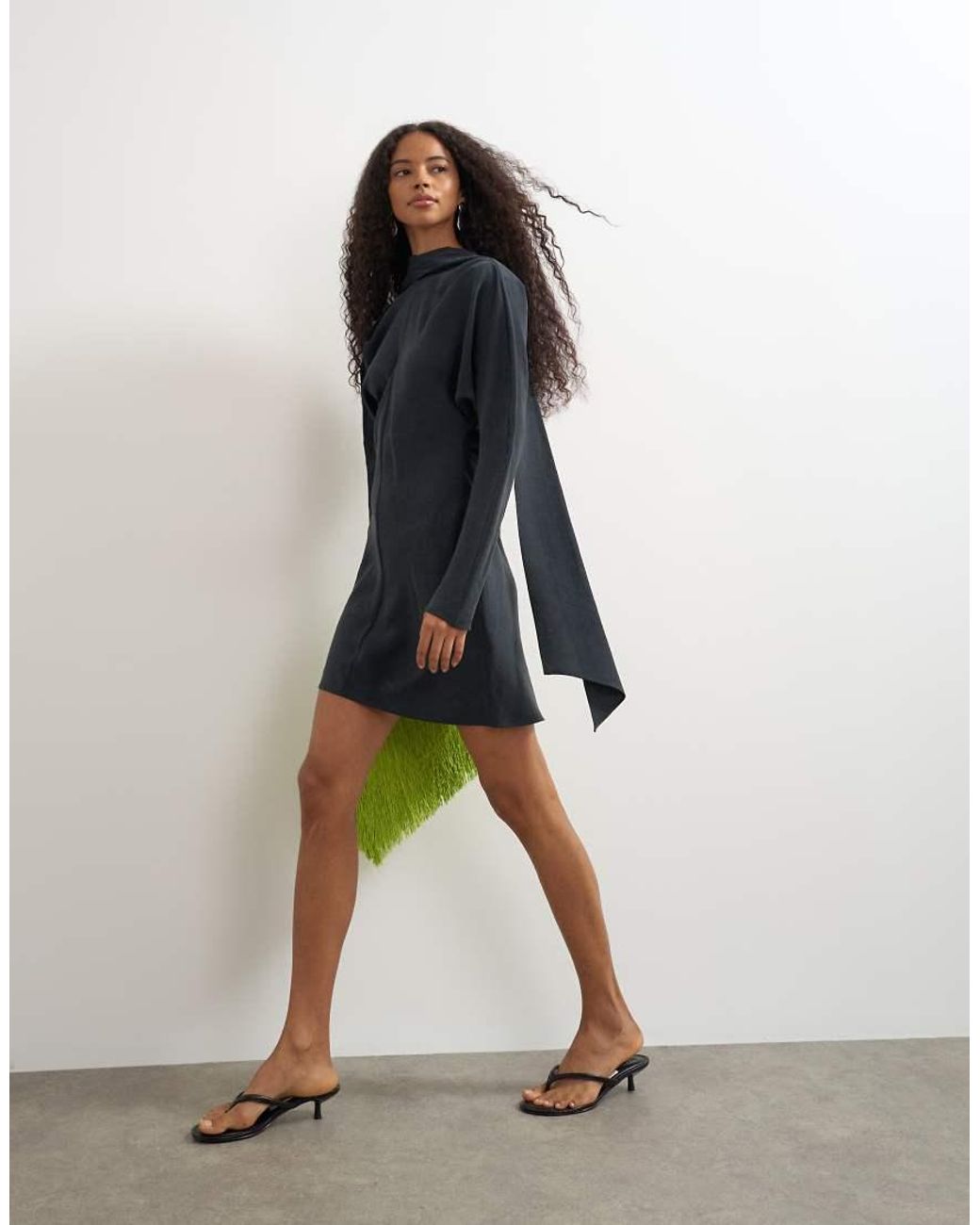 TOPSHOP Blue Cupro Long Sleeve Scarf Neck Cowl Back Mini Dress