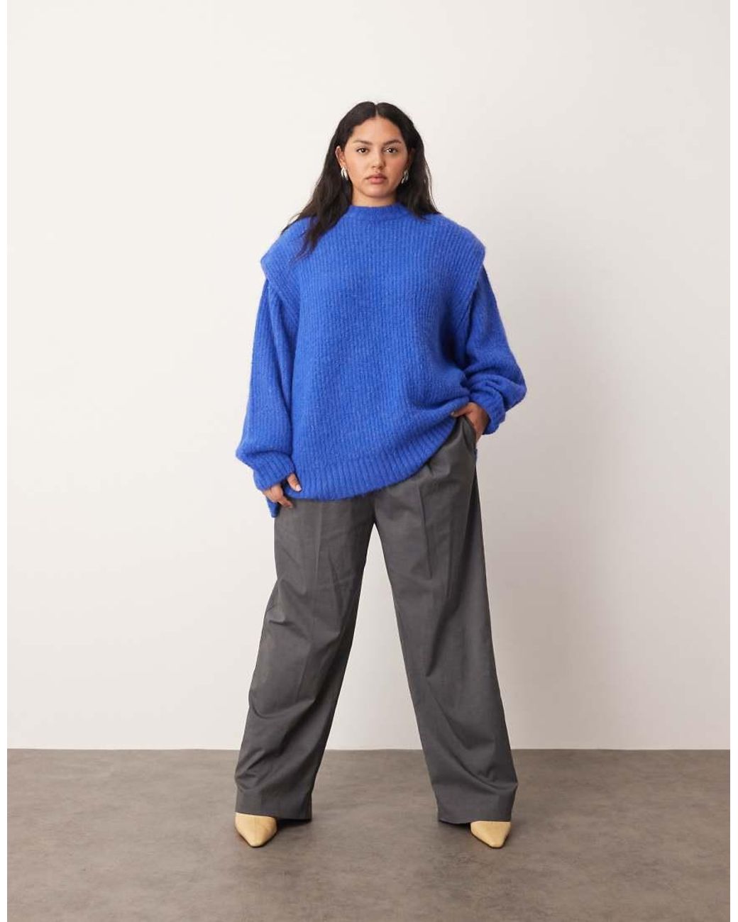 ARRANGE Blue Curve Rib Knitted Shoulder Pad Jumper