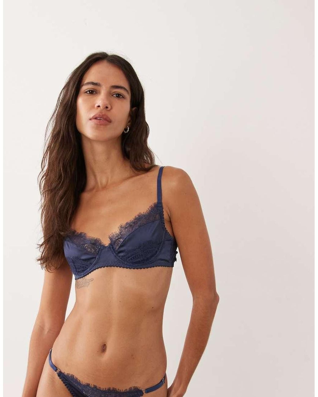 KAT THE LABEL Blue Rae Satin Lace Underwired Bra