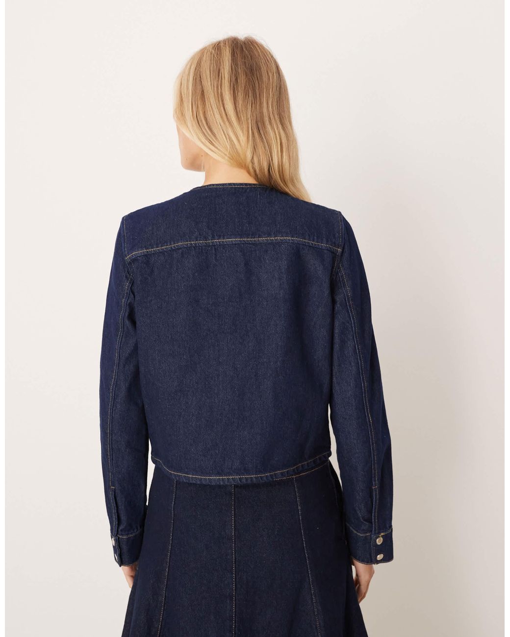 Mango Blue Collarless Denim Jacket