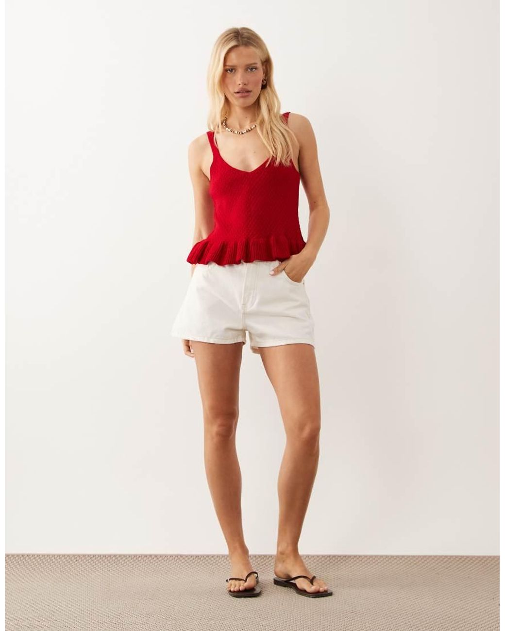 Miss Selfridge Red Knitted Cami Top With Peplum Hem