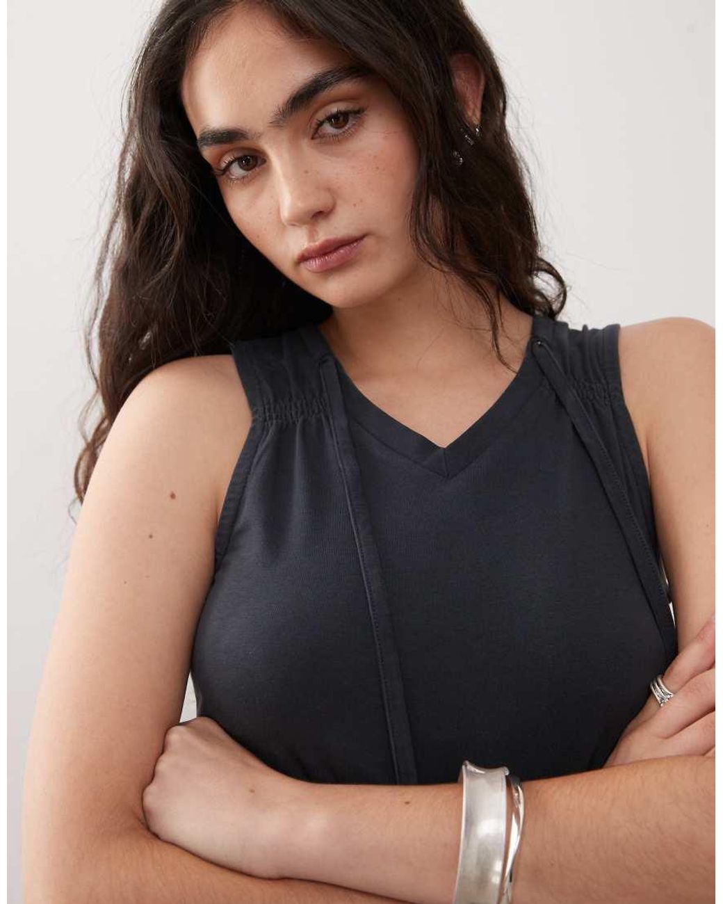 Collusion Black Neck Detail Drop Waist Ruffle Dress