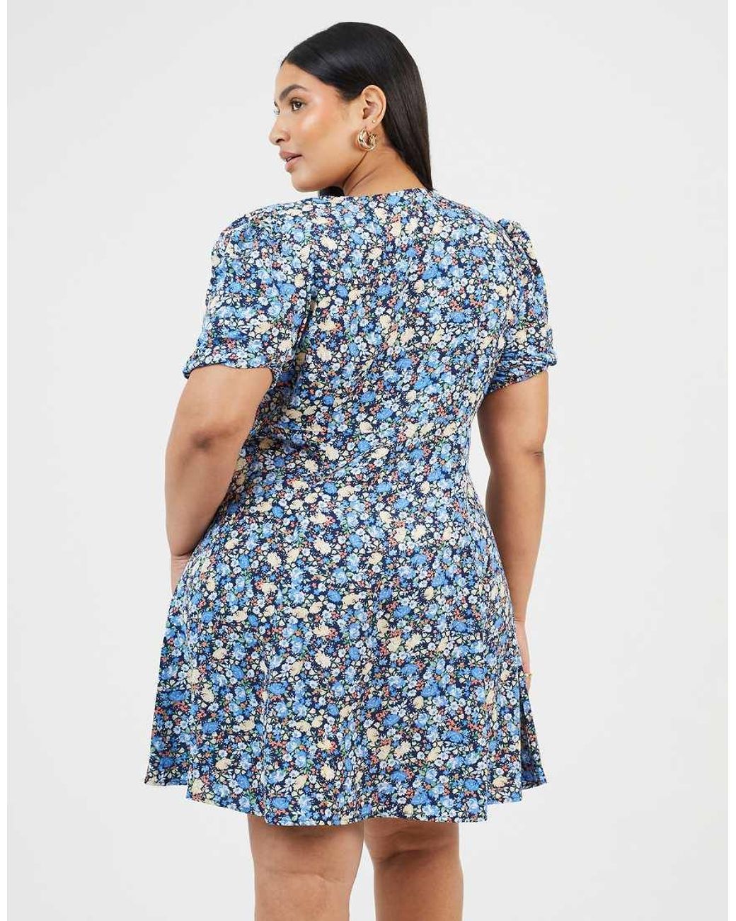 Brave Soul Blue Curve Floral Puff Sleeve V-Neck Mini Dress