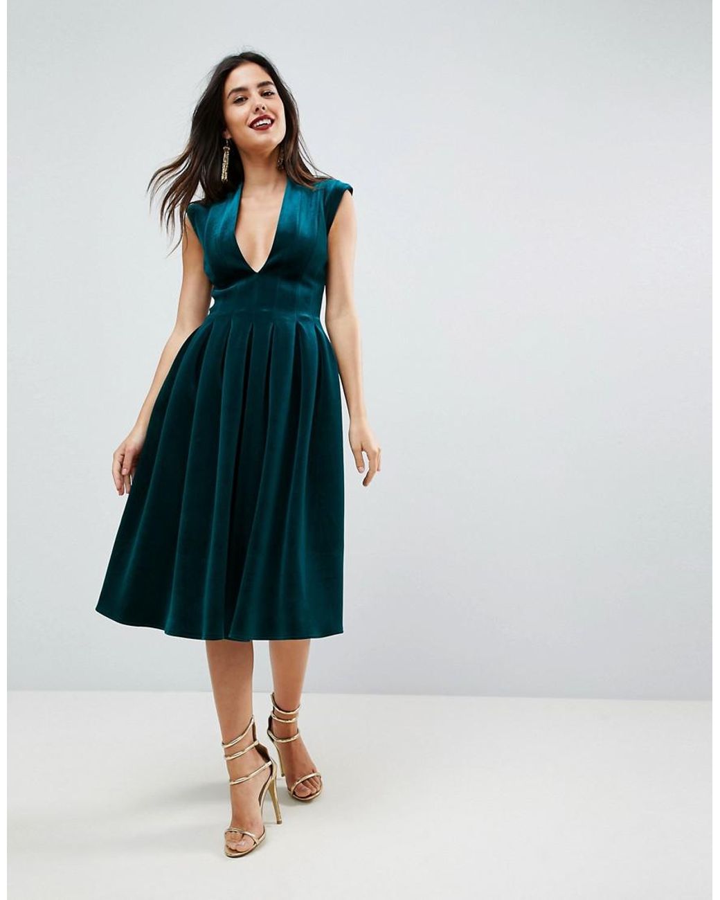 ASOS Deep Plunge Bonded Velvet Prom Midi Dress in Green Lyst