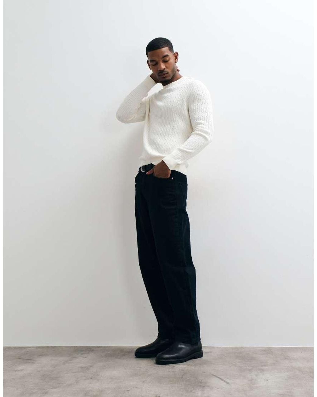 Mango White Cable Knit Sweater for men