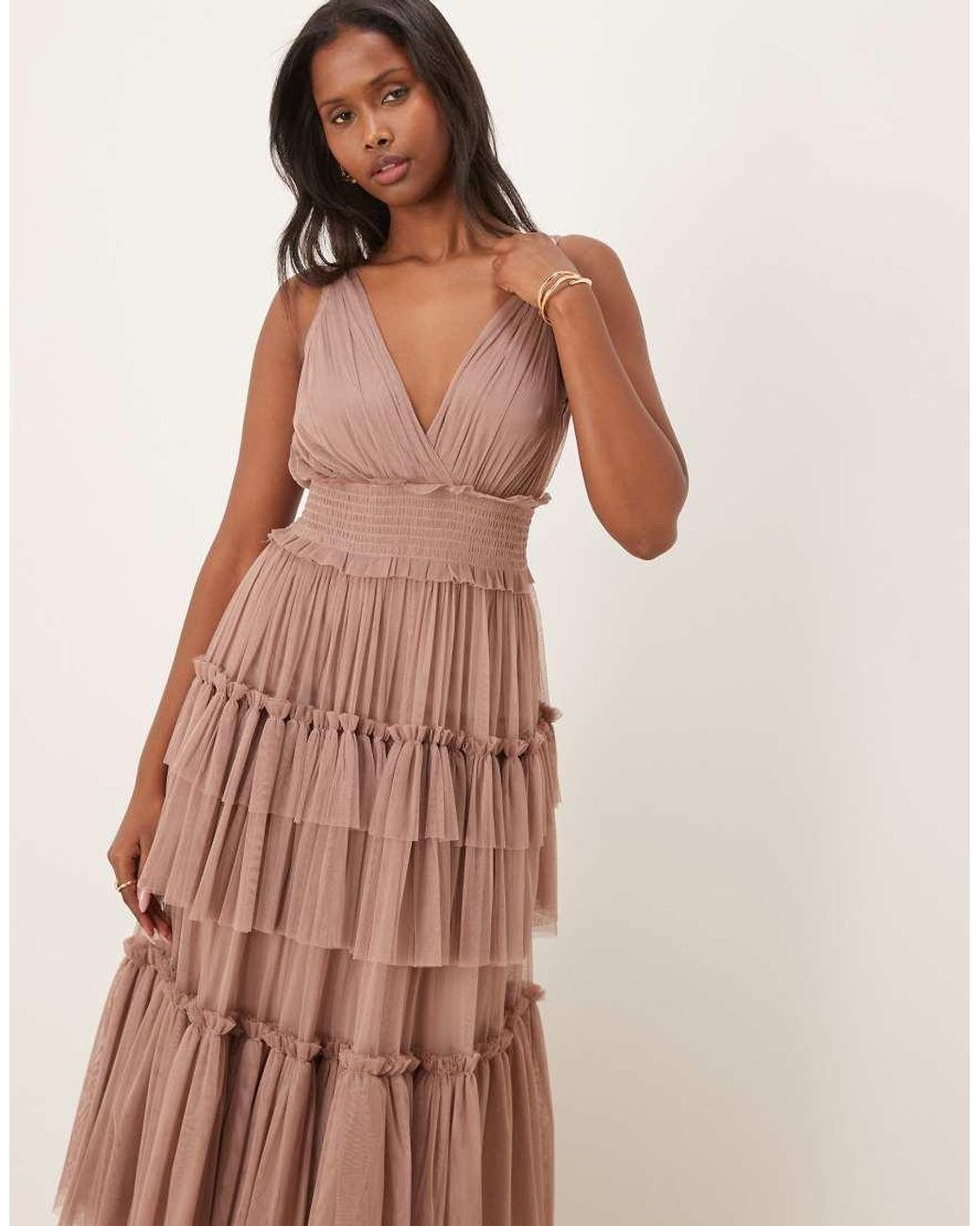 LACE & BEADS Brown Bridesmaid Tulle Sleeveless Plunge Neck Tiered Maxi Dress