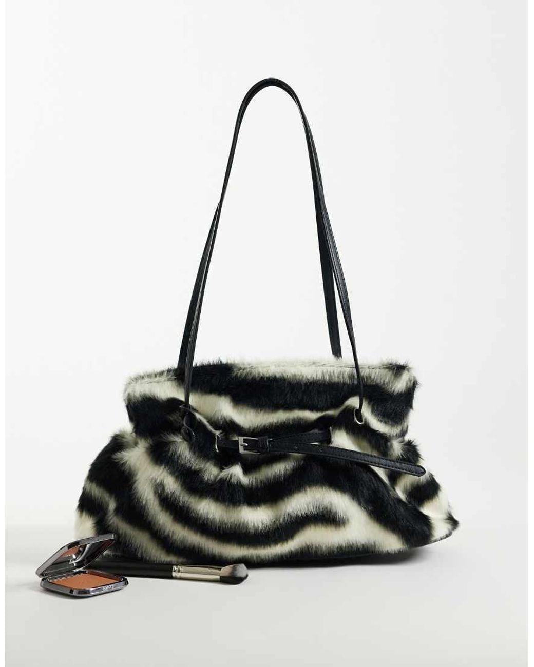 Gina Tricot Black Faux Fur Shoulder Bag With Strap And Clutch Detail