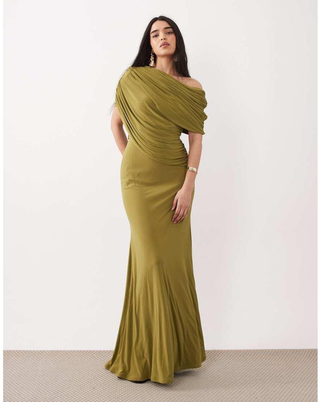 ASOS Green Off Shoulder Wrap Bodice Detail Maxi Dress With Train