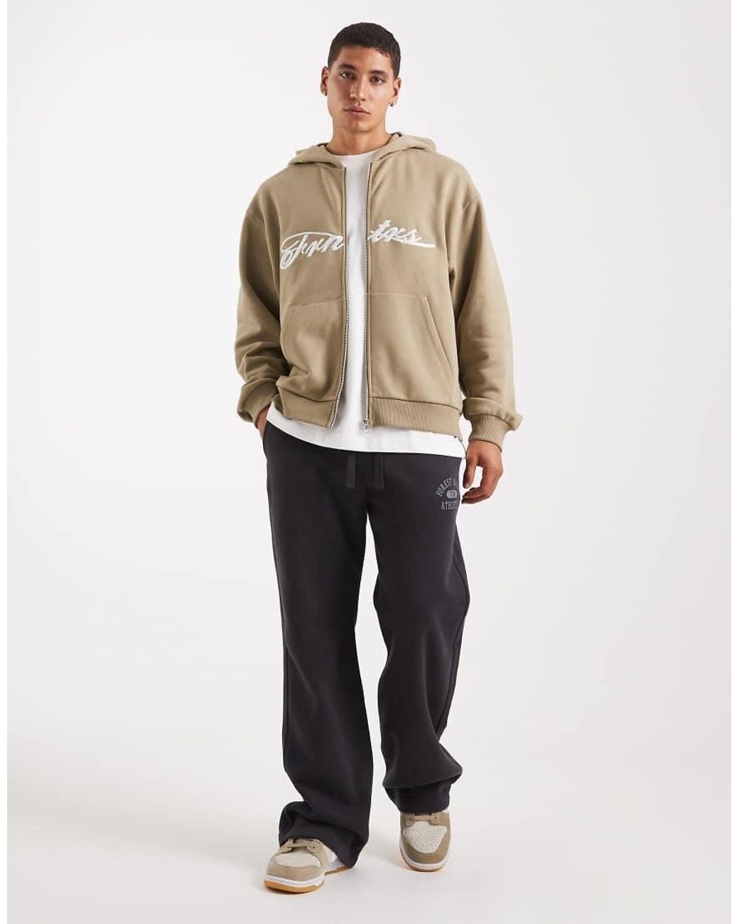 ASOS Natural Relaxed Zip Through Hoodie With Embroidery Print for men