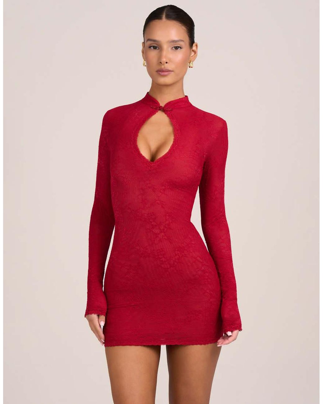 Oh Polly Red Lace Mesh Mandarin Collar Mini Dress