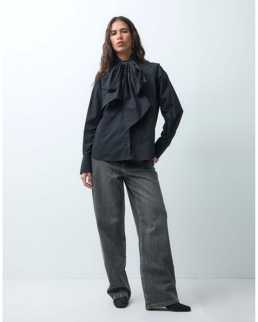 ASOS Black Large Bow Tie Neck Shirt