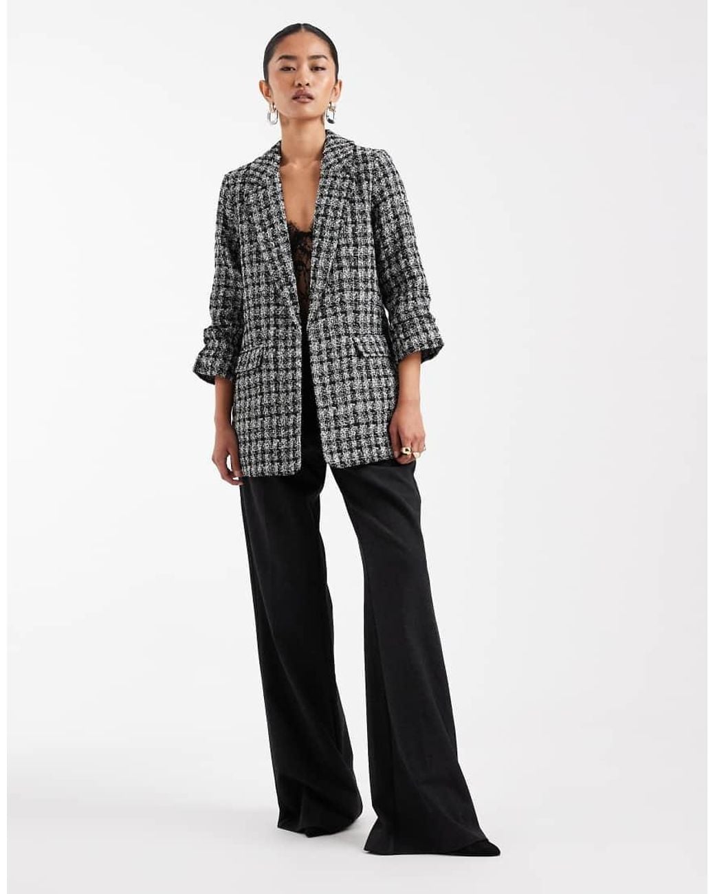 Vero Moda Gray Oversized Boucle Texture Ruched Sleeve Blazer