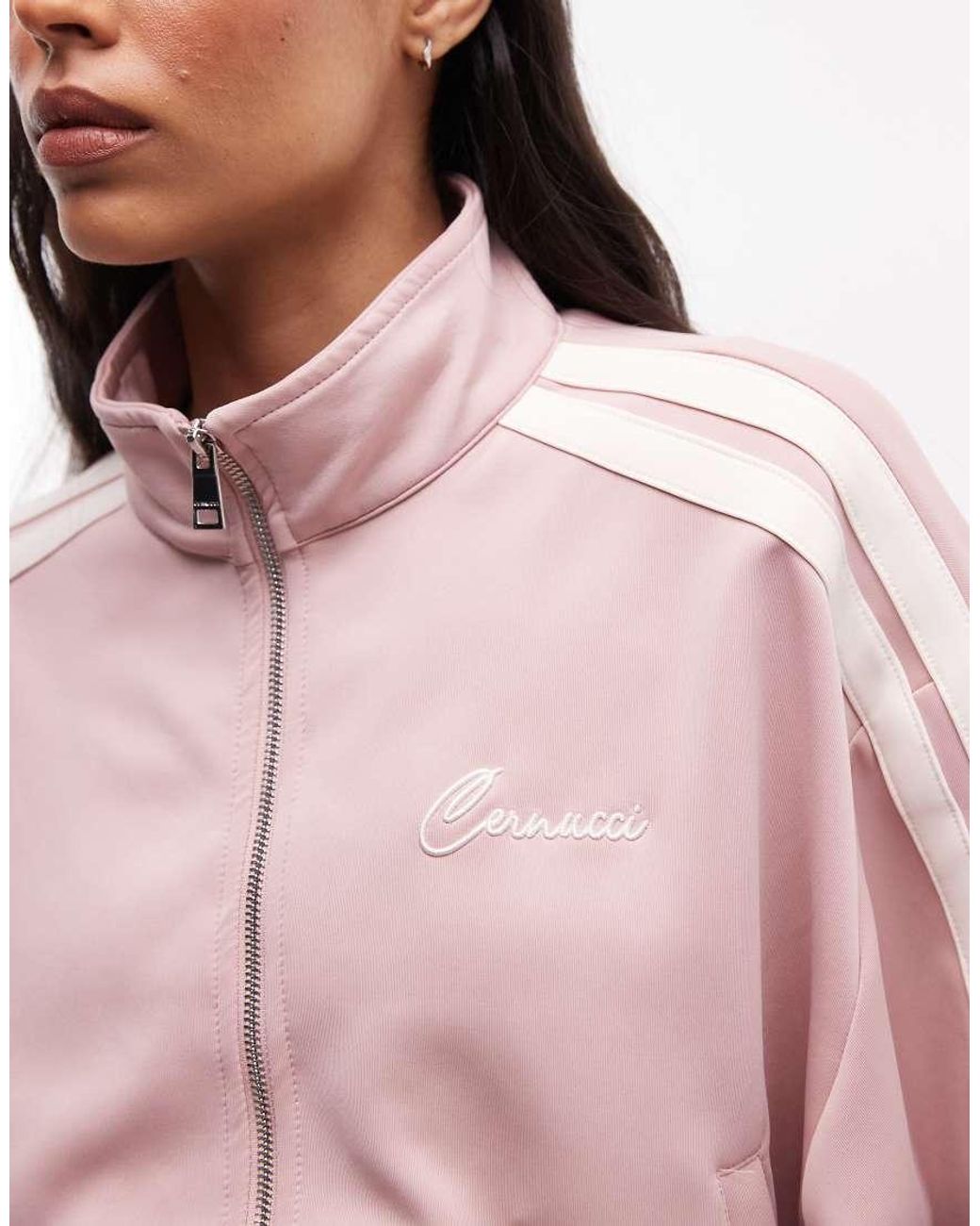 CERNUCCI Pink Funnel Neck Cropped Double-zip Jacket With Sleeve Taping