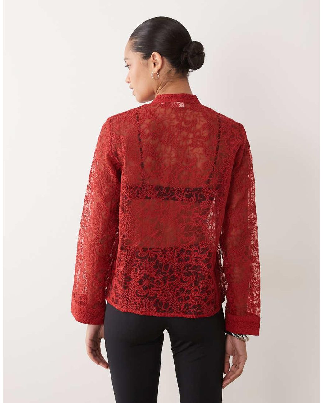 Object Red Long Sleeve Sleeve Mandarin Button Front Lace Top